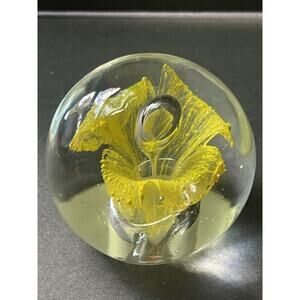Vintage Art Glass Flower Clear Yellow Orchid Hand Blown Paperweight Art Deco